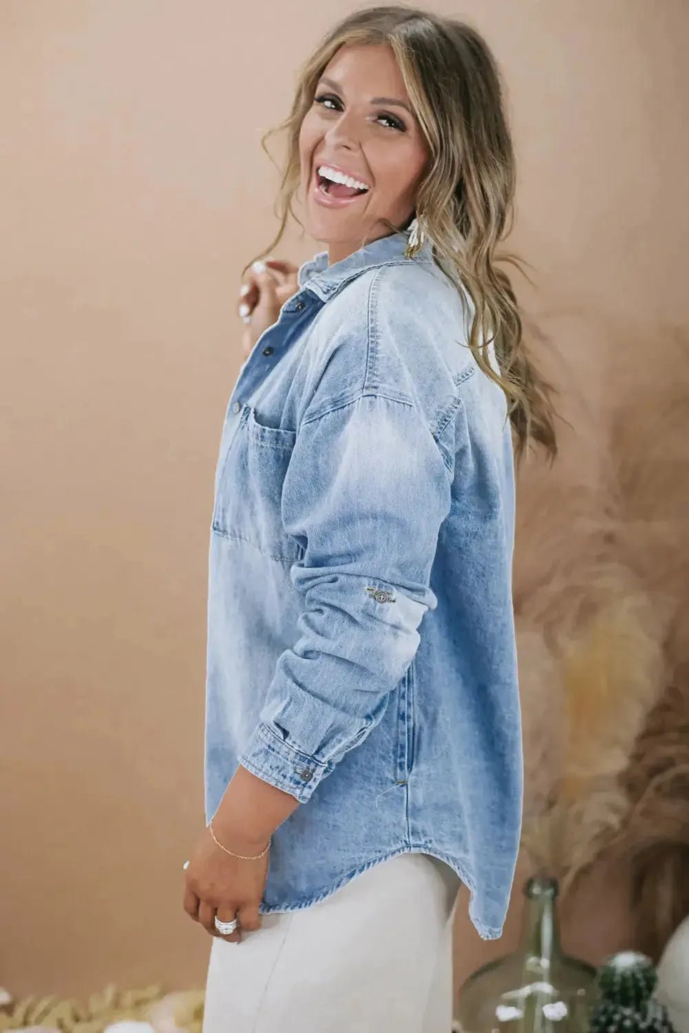 Sky Blue Plus Size Chest Pocket Button - Up Denim Shacket - StepByStep