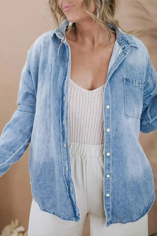 Sky Blue Plus Size Chest Pocket Button - Up Denim Shacket - StepByStep