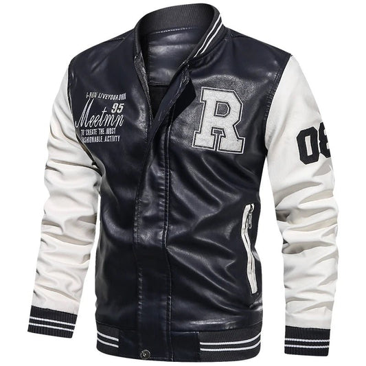 Spring and Autumn Men's Motorcycle Suit Leather jacket Color blocking American baseball collar pilot casual PU leather jacket - StepByStep