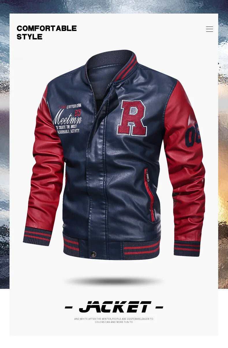 Spring and Autumn Men's Motorcycle Suit Leather jacket Color blocking American baseball collar pilot casual PU leather jacket - StepByStep