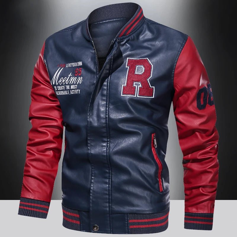 Spring and Autumn Men's Motorcycle Suit Leather jacket Color blocking American baseball collar pilot casual PU leather jacket - StepByStep
