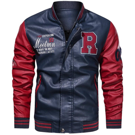 Spring and Autumn Men's Motorcycle Suit Leather jacket Color blocking American baseball collar pilot casual PU leather jacket - StepByStep