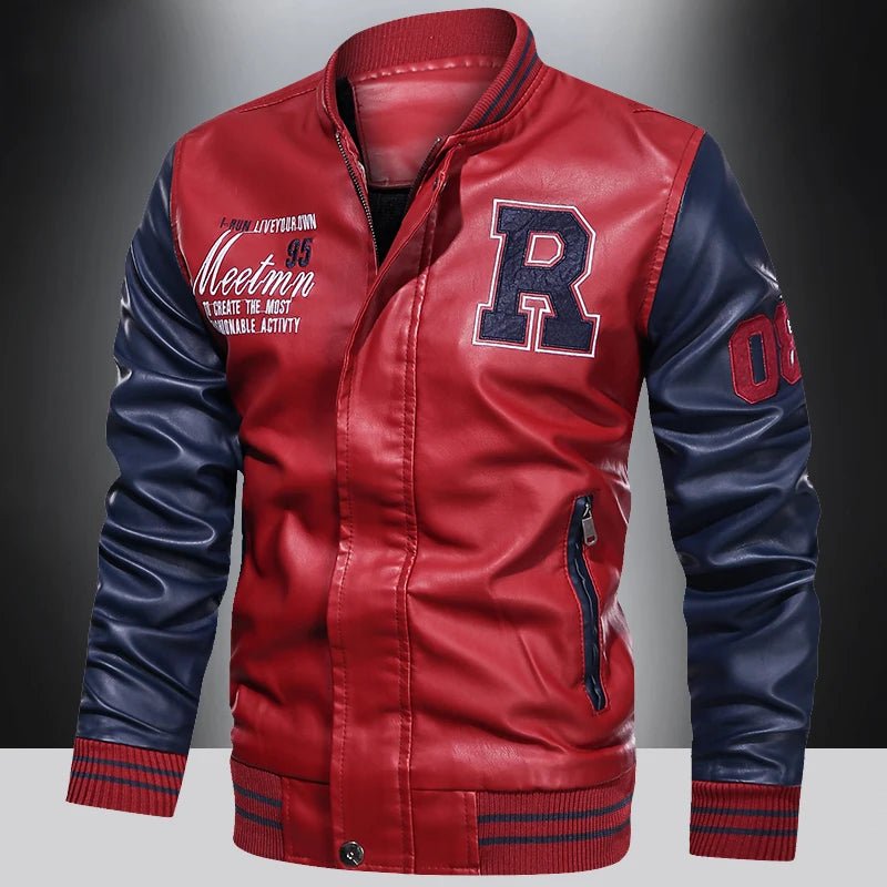 Spring and Autumn Men's Motorcycle Suit Leather jacket Color blocking American baseball collar pilot casual PU leather jacket - StepByStep