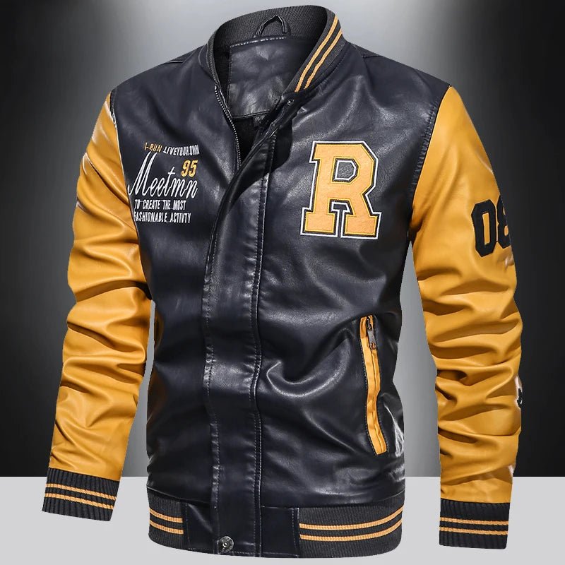 Spring and Autumn Men's Motorcycle Suit Leather jacket Color blocking American baseball collar pilot casual PU leather jacket - StepByStep