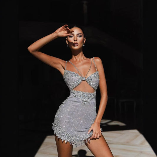 Strapless Backless Mesh Beaded Mini Dress For Women, Meatpacking District, BYMANYC New York. - StepByStep