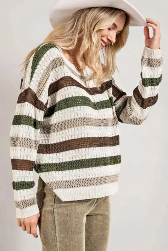 Stripe Crochet Hollow out Knit Sweater - StepByStep