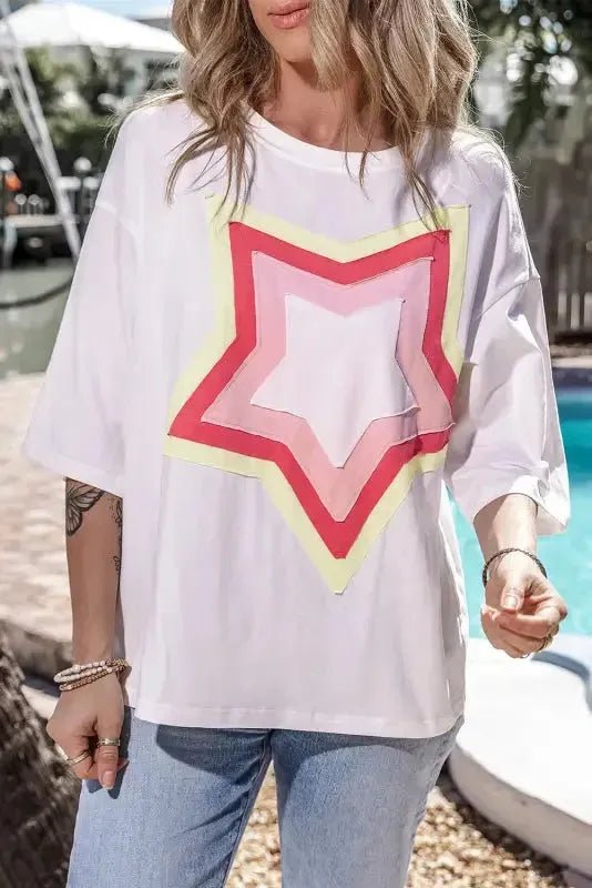 White Colorblock Star Patched Half Sleeve Oversized Tee - StepByStep