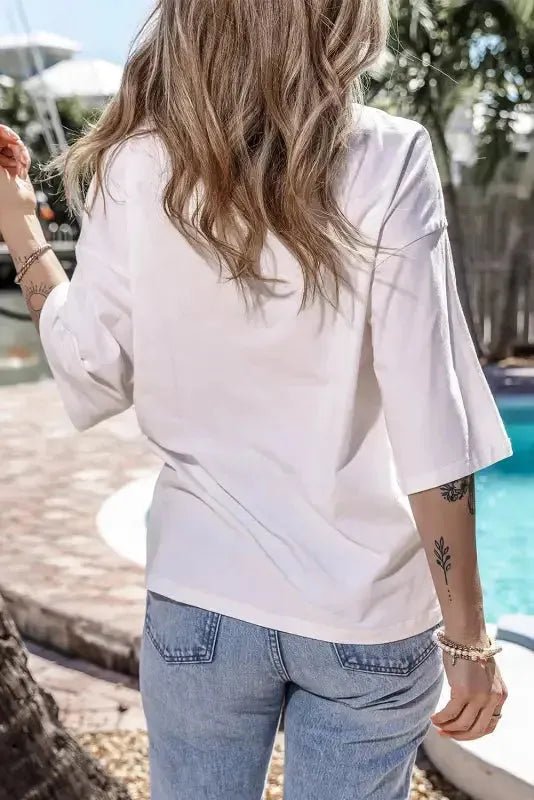 White Colorblock Star Patched Half Sleeve Oversized Tee - StepByStep