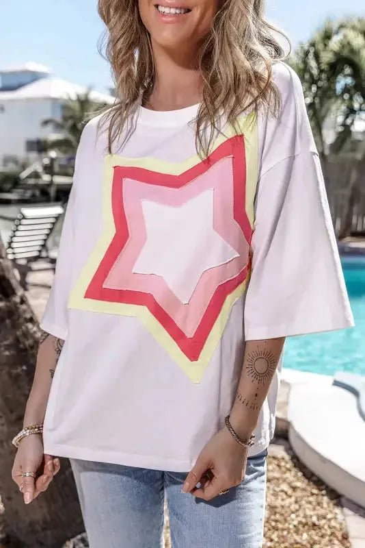 White Colorblock Star Patched Half Sleeve Oversized Tee - StepByStep