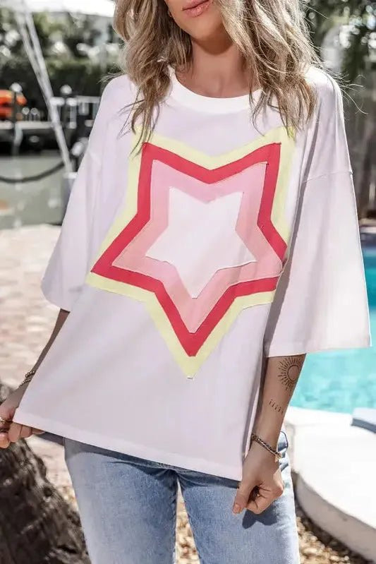White Colorblock Star Patched Half Sleeve Oversized Tee - StepByStep