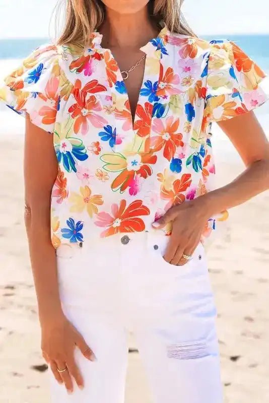 White Floral Flutter Top - StepByStep
