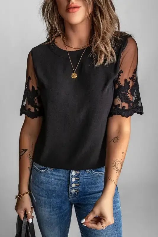 White Floral Lace Sleeve Patchwork Top - StepByStep