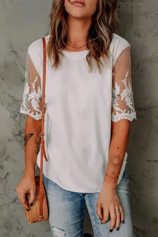 White Floral Lace Sleeve Patchwork Top - StepByStep