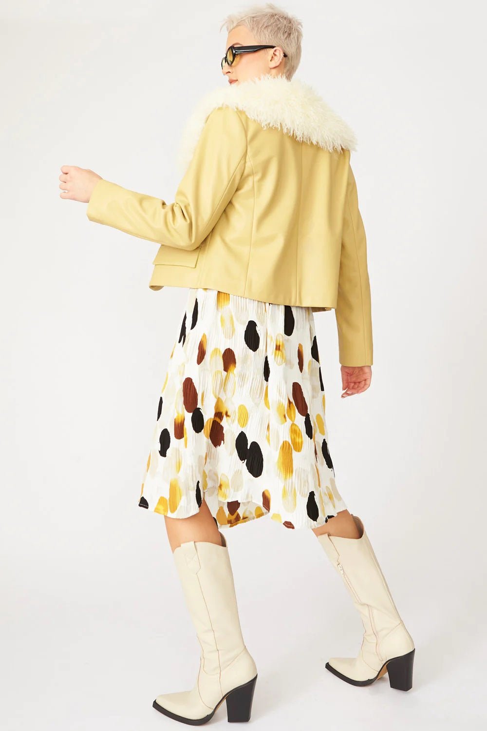 Yellow Faux Leather Jacket With Faux Shearling Collar - StepByStep