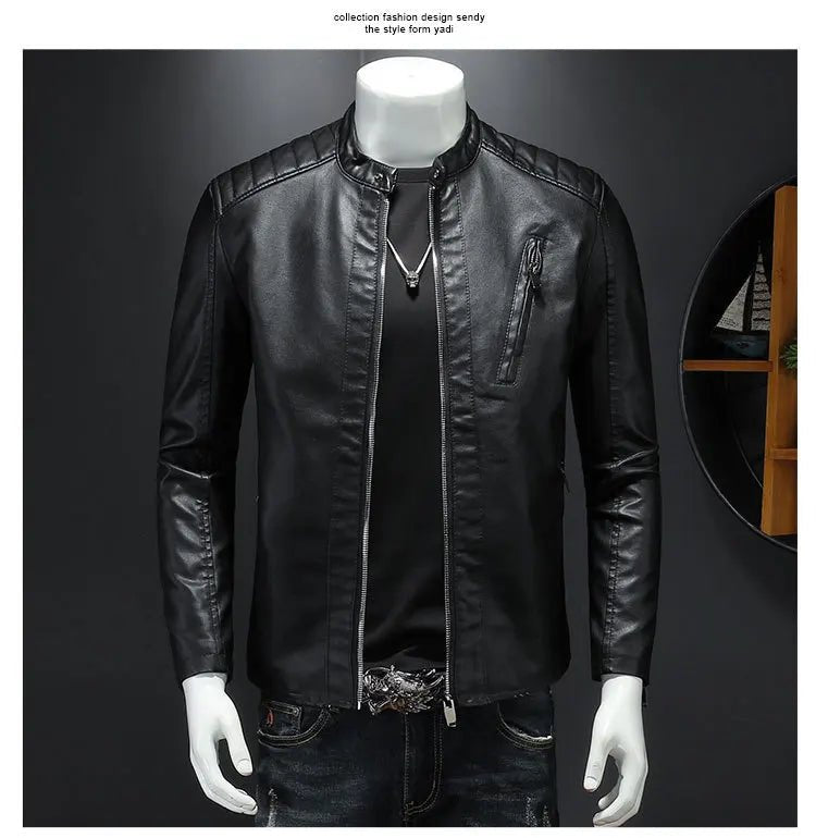2025 Men Leather Jacket Stand Collar Slim Pu Leather Jacket Autumn Fashion Men Motorcycle Causal Coat Male Moto Biker Coat - StepByStep