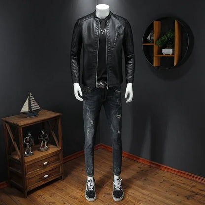 2025 Men Leather Jacket Stand Collar Slim Pu Leather Jacket Autumn Fashion Men Motorcycle Causal Coat Male Moto Biker Coat - StepByStep