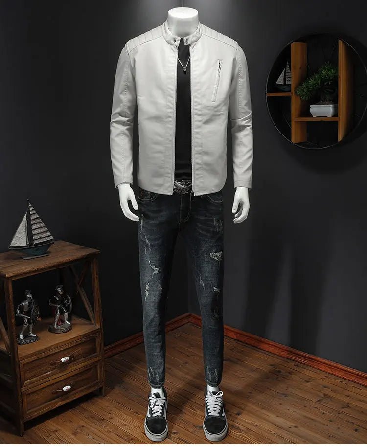 2025 Men Leather Jacket Stand Collar Slim Pu Leather Jacket Autumn Fashion Men Motorcycle Causal Coat Male Moto Biker Coat - StepByStep