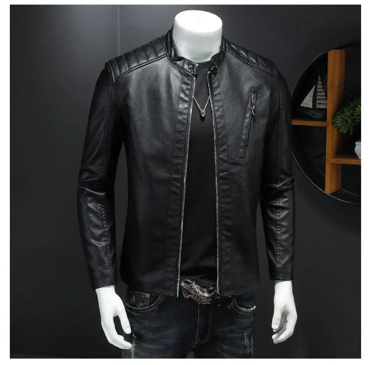2025 Men Leather Jacket Stand Collar Slim Pu Leather Jacket Autumn Fashion Men Motorcycle Causal Coat Male Moto Biker Coat - StepByStep