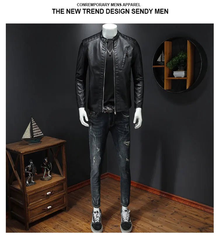 2025 Men Leather Jacket Stand Collar Slim Pu Leather Jacket Autumn Fashion Men Motorcycle Causal Coat Male Moto Biker Coat - StepByStep