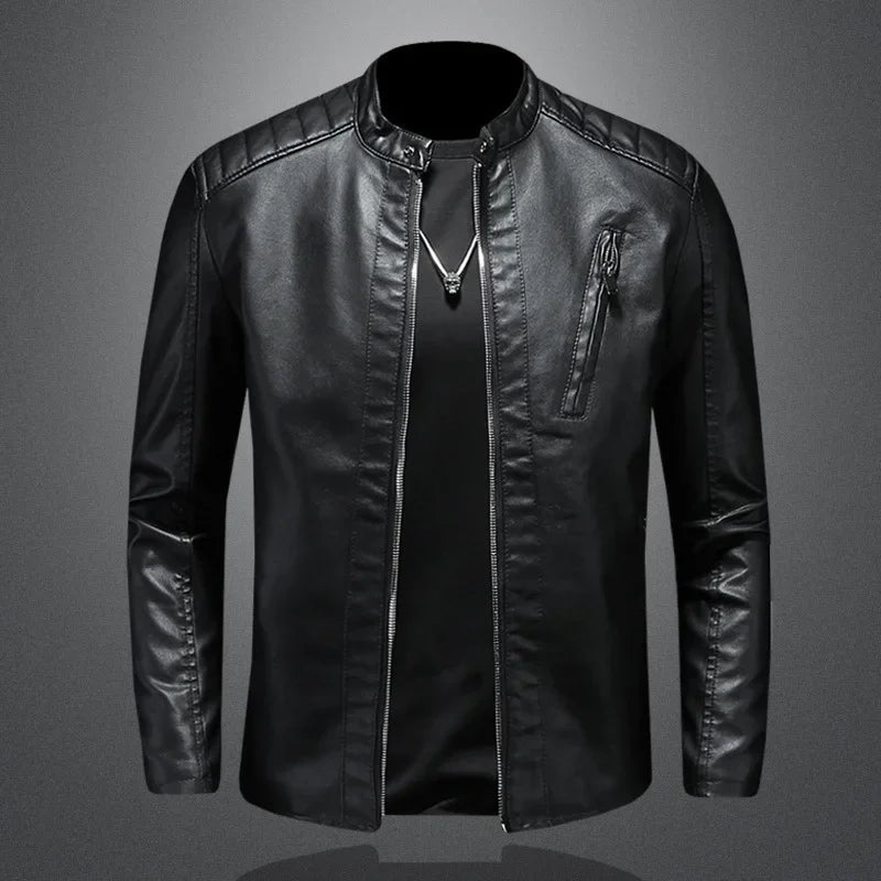 2025 Men Leather Jacket Stand Collar Slim Pu Leather Jacket Autumn Fashion Men Motorcycle Causal Coat Male Moto Biker Coat - StepByStep