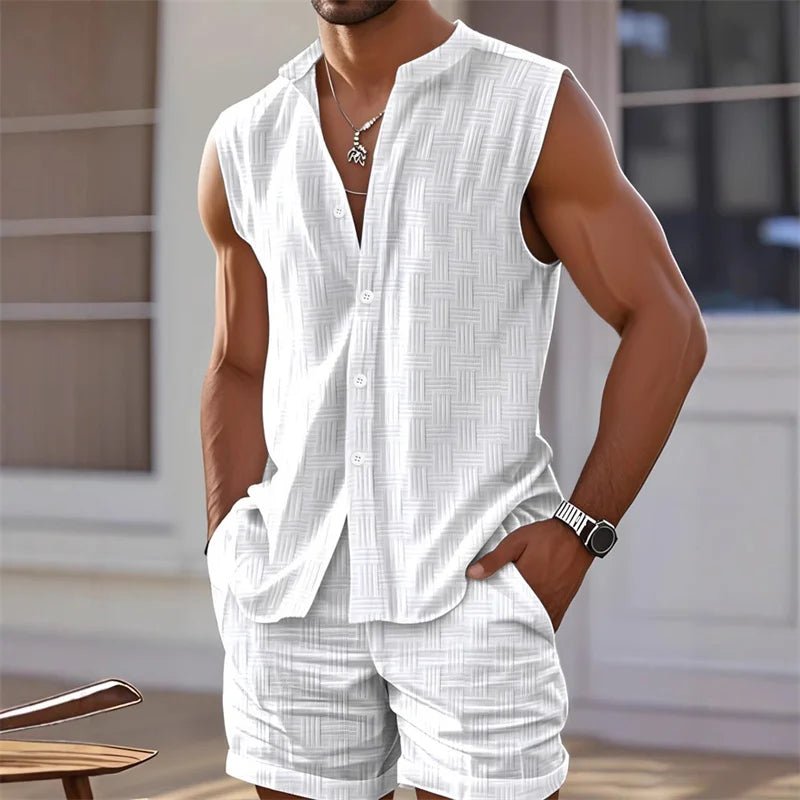 2025 New Men's Vest Shirt, Sleeveless Top and Shorts Plaid Two-Piece Set, Casual Trendy Sleeveless Shorts Hawaiian Beach Set - StepByStepNow