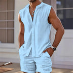 2025 New Men's Vest Shirt, Sleeveless Top and Shorts Plaid Two-Piece Set, Casual Trendy Sleeveless Shorts Hawaiian Beach Set - StepByStepNow