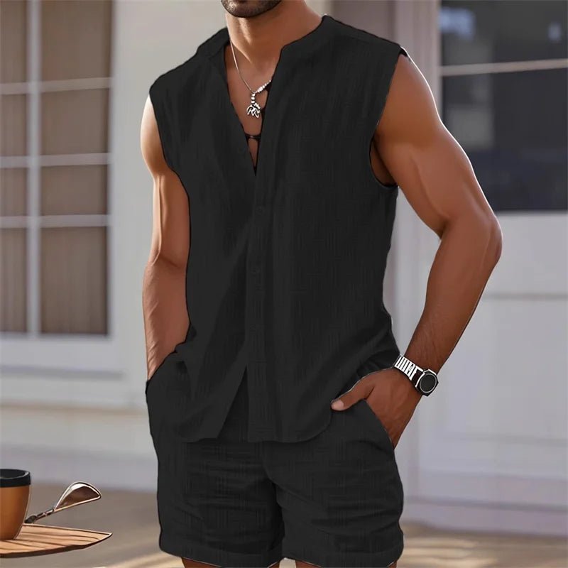 2025 New Men's Vest Shirt, Sleeveless Top and Shorts Plaid Two-Piece Set, Casual Trendy Sleeveless Shorts Hawaiian Beach Set - StepByStepNow