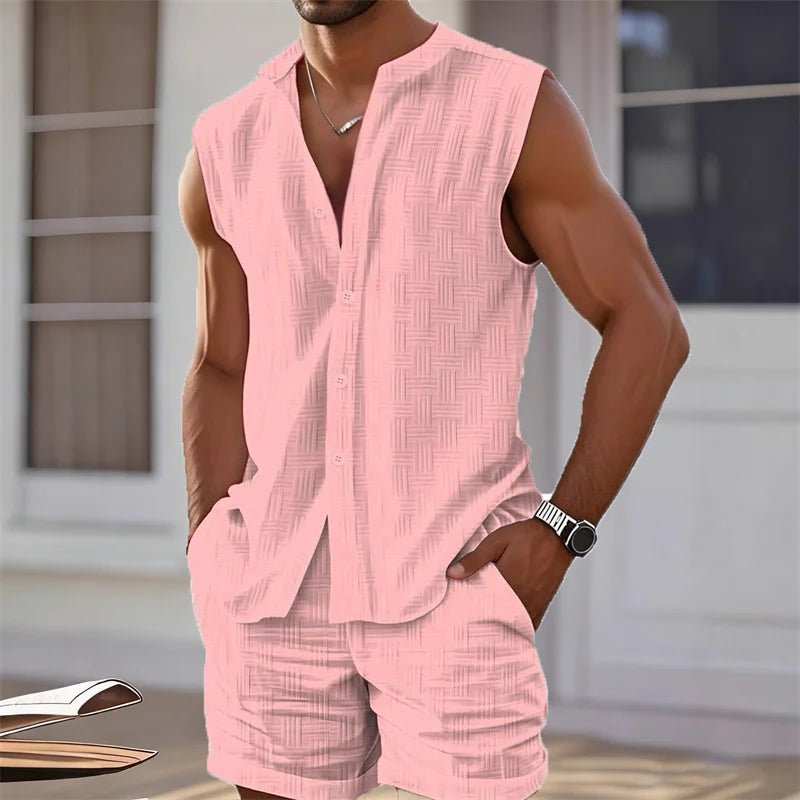 2025 New Men's Vest Shirt, Sleeveless Top and Shorts Plaid Two-Piece Set, Casual Trendy Sleeveless Shorts Hawaiian Beach Set - StepByStepNow