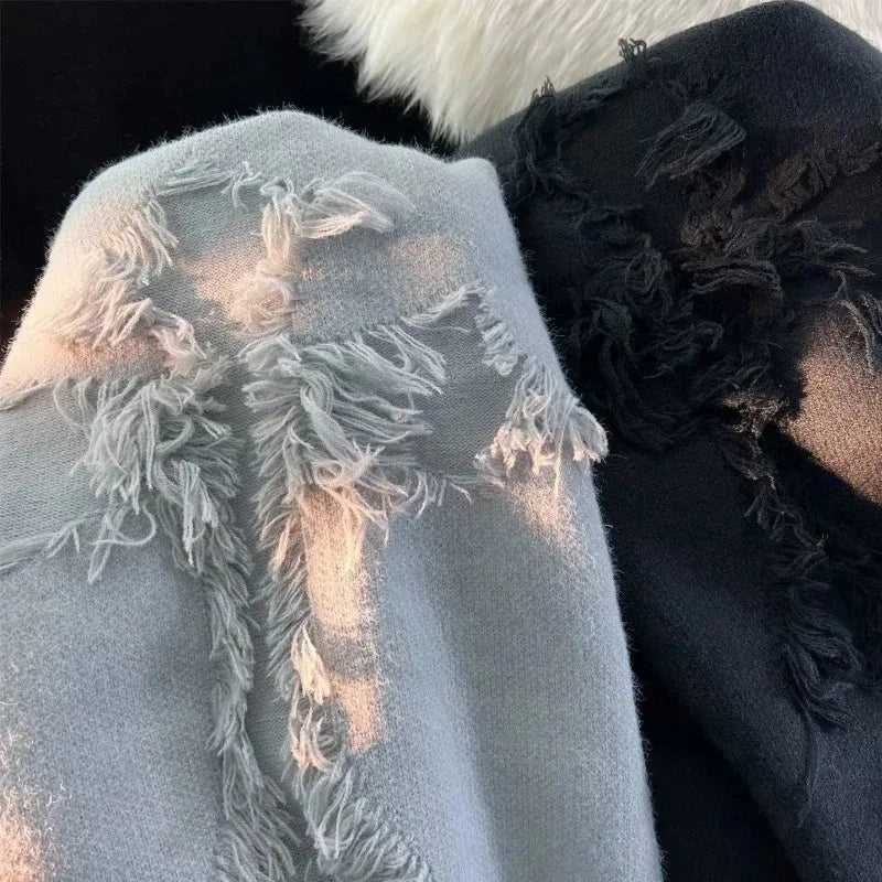 2025 Y2k Streetwear Maglione da uomo Nuovo Retro Foro con frange Maglione Allentato Versatile Maglieria Pullover Manica lunga Maglioni Abbigliamento - StepByStepNow