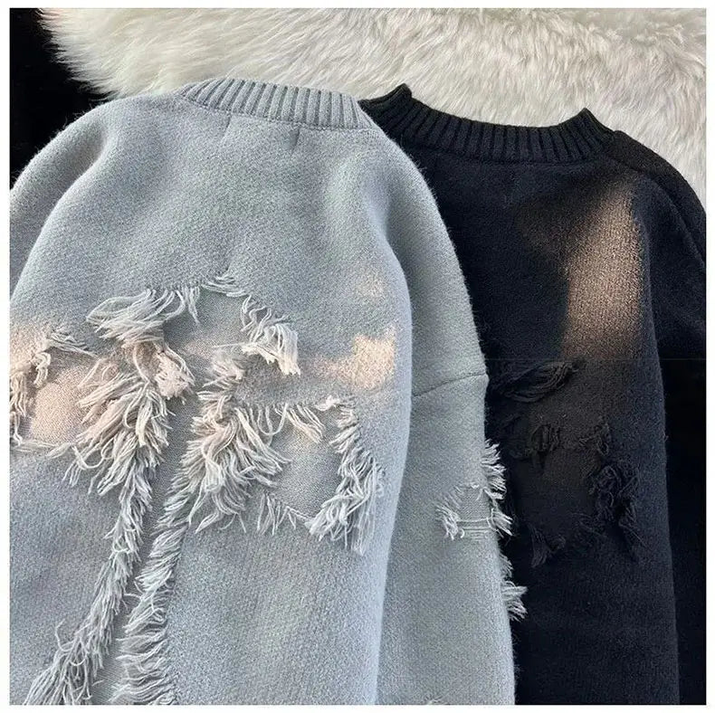 2025 Y2k Streetwear Maglione da uomo Nuovo Retro Foro con frange Maglione Allentato Versatile Maglieria Pullover Manica lunga Maglioni Abbigliamento - StepByStepNow