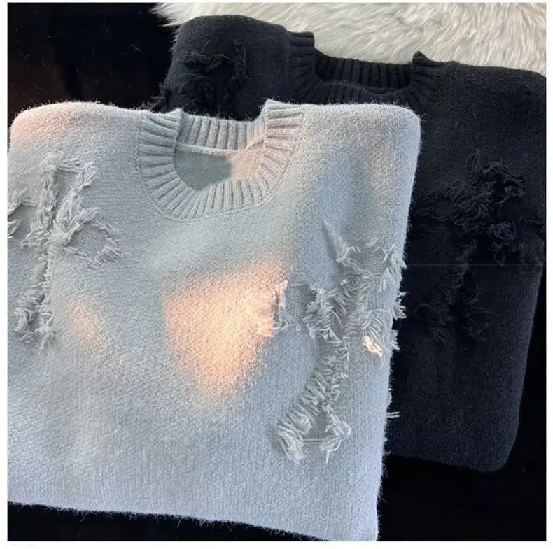 2025 Y2k Streetwear Maglione da uomo Nuovo Retro Foro con frange Maglione Allentato Versatile Maglieria Pullover Manica lunga Maglioni Abbigliamento - StepByStepNow