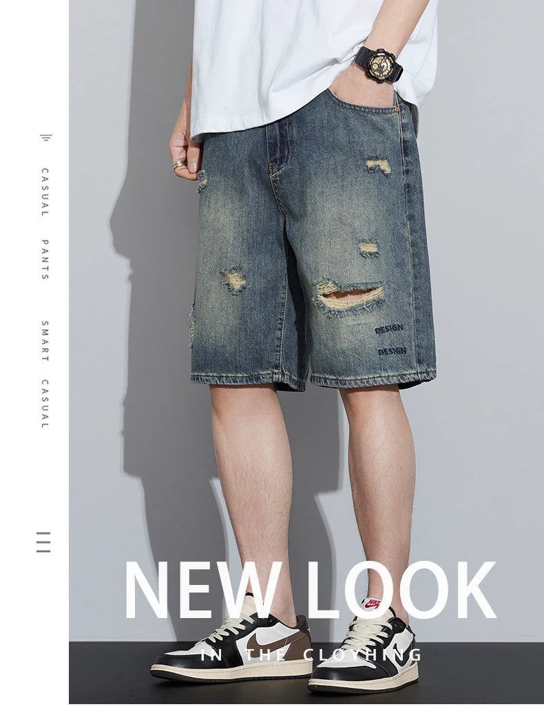 2026 High Quality Spring/Summer Hole Denim Shorts Jeans Men's Versatile Loose Korean Trendy Pants Ins - StepByStepNow