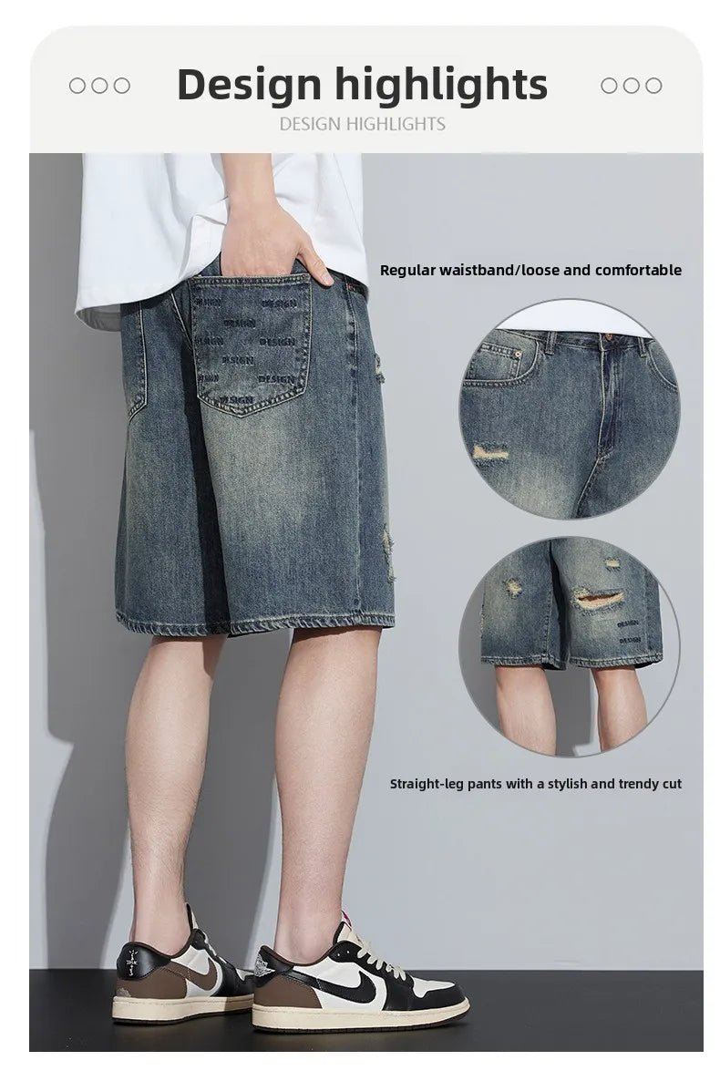 2026 High Quality Spring/Summer Hole Denim Shorts Jeans Men's Versatile Loose Korean Trendy Pants Ins - StepByStepNow