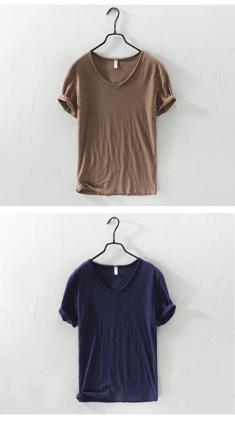 2026 New Mens T Shirt Pure Color V Collar Short Sleeved Tops Tees Men T-Shirt Slim Man Bamboo Fiber T-Shirts Fitness Male Clothe - StepByStepNow