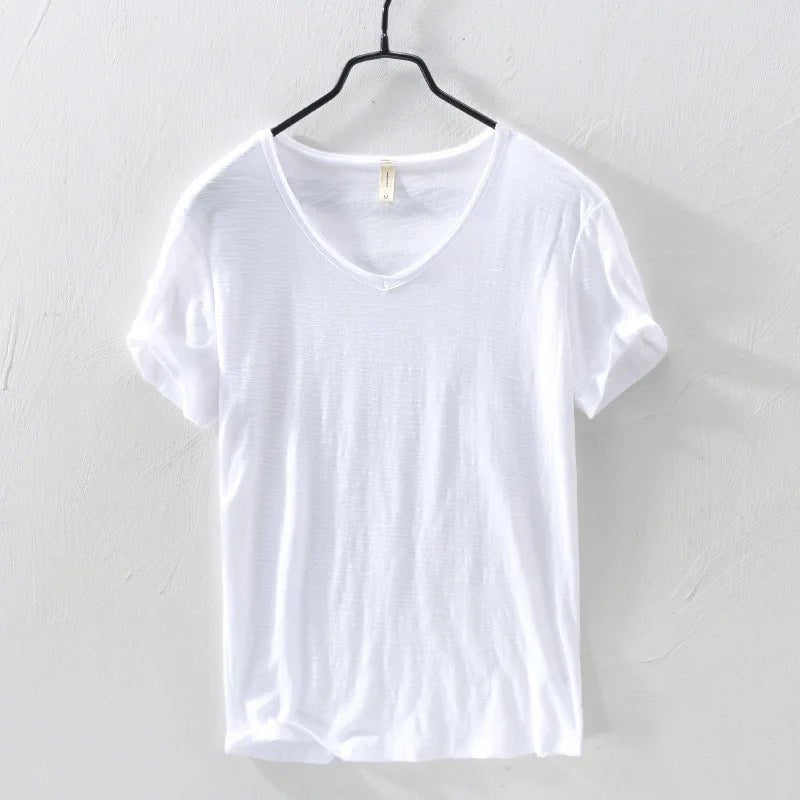 2026 New Mens T Shirt Pure Color V Collar Short Sleeved Tops Tees Men T-Shirt Slim Man Bamboo Fiber T-Shirts Fitness Male Clothe - StepByStepNow