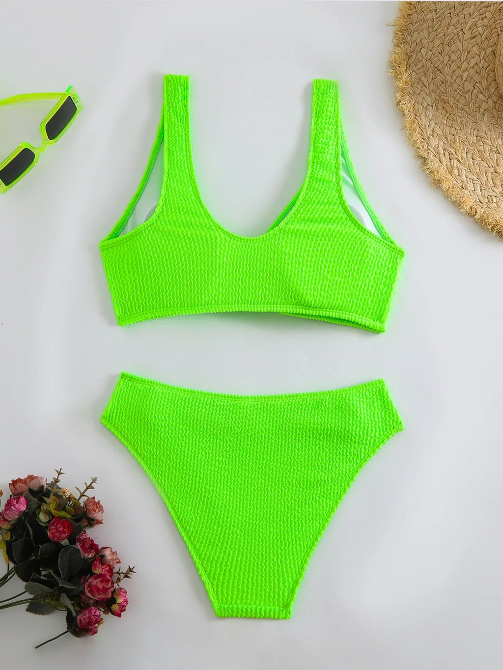 2026 Summer New Women's 2 Piece Swimsuit Solid Color High Waist Bikini Set V-neck Backless Beach Vacation Bathing Suit Swimwear - StepByStepNow