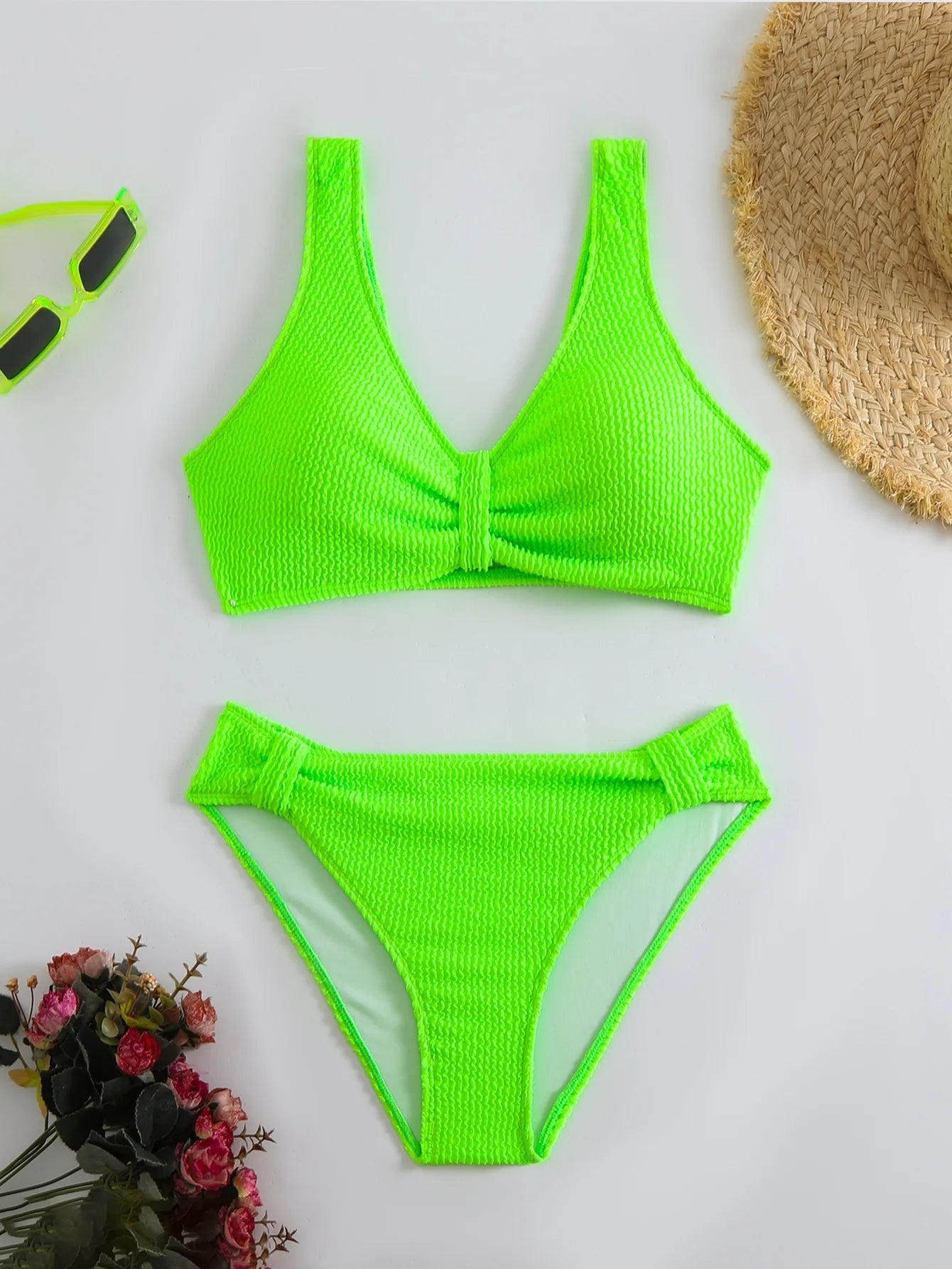 2026 Summer New Women's 2 Piece Swimsuit Solid Color High Waist Bikini Set V-neck Backless Beach Vacation Bathing Suit Swimwear - StepByStepNow
