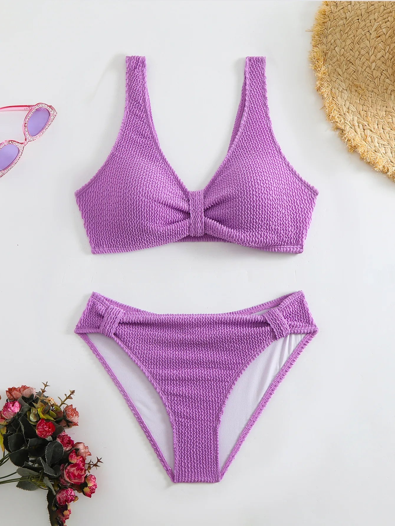 2026 Summer New Women's 2 Piece Swimsuit Solid Color High Waist Bikini Set V-neck Backless Beach Vacation Bathing Suit Swimwear - StepByStepNow