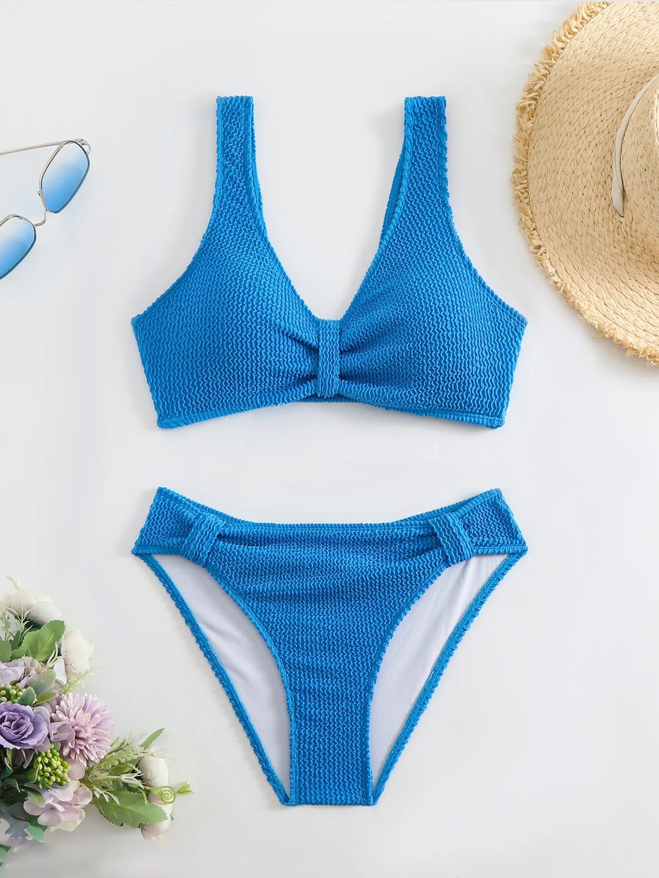 2026 Summer New Women's 2 Piece Swimsuit Solid Color High Waist Bikini Set V-neck Backless Beach Vacation Bathing Suit Swimwear - StepByStepNow