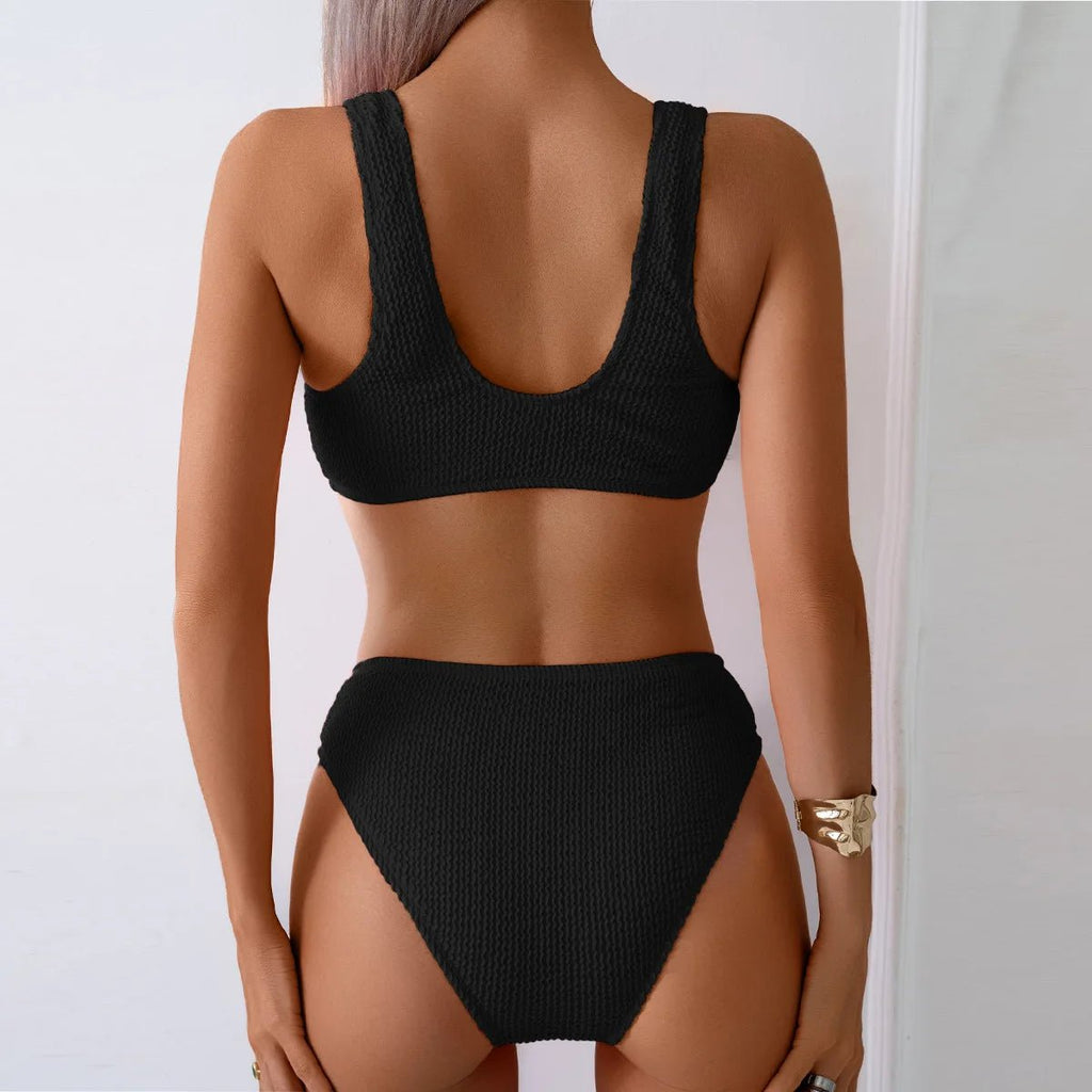 2026 Summer New Women's 2 Piece Swimsuit Solid Color High Waist Bikini Set V-neck Backless Beach Vacation Bathing Suit Swimwear - StepByStepNow