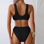 2026 Summer New Women's 2 Piece Swimsuit Solid Color High Waist Bikini Set V-neck Backless Beach Vacation Bathing Suit Swimwear - StepByStepNow