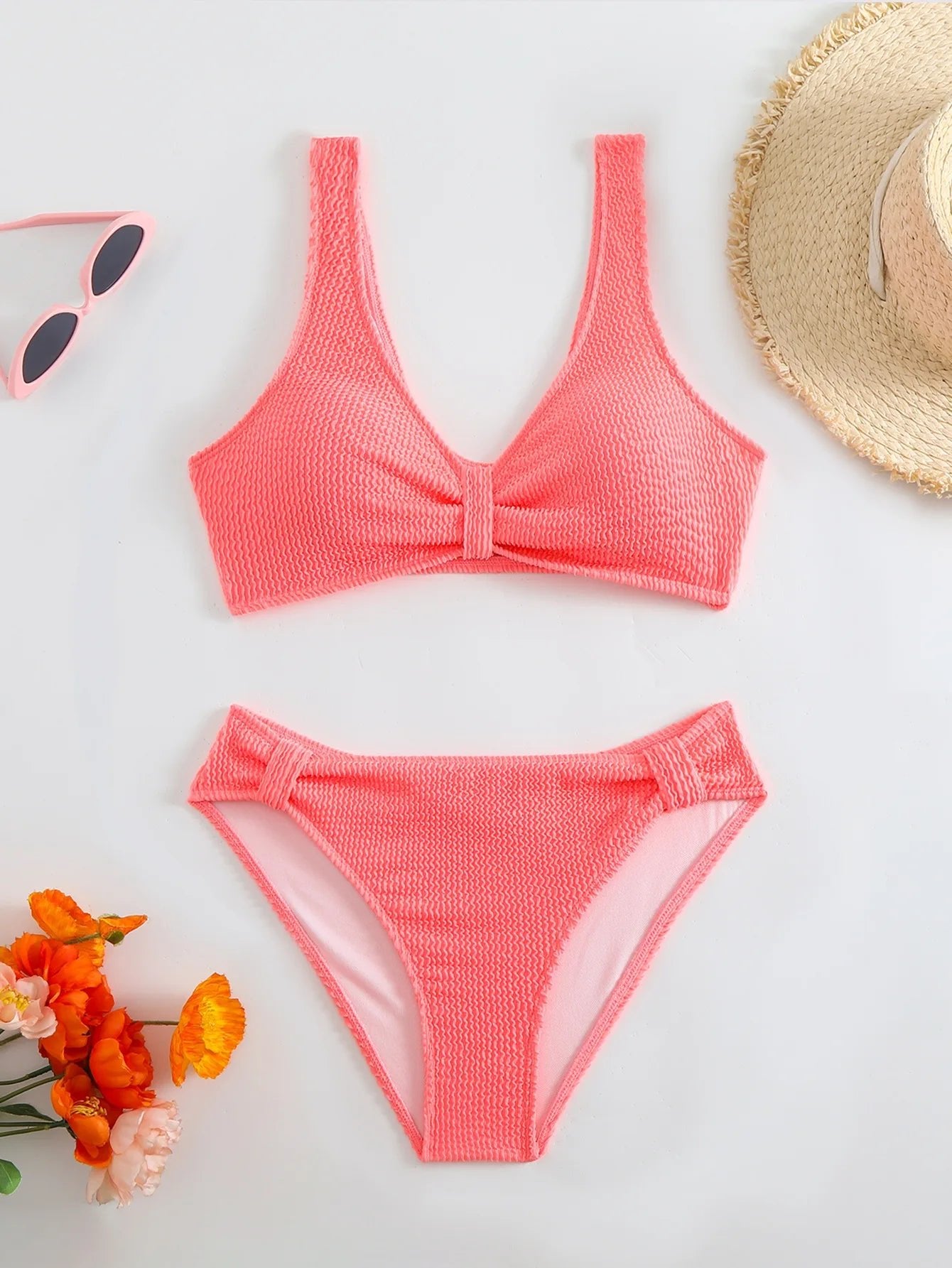 2026 Summer New Women's 2 Piece Swimsuit Solid Color High Waist Bikini Set V-neck Backless Beach Vacation Bathing Suit Swimwear - StepByStepNow