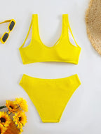 2026 Summer New Women's 2 Piece Swimsuit Solid Color High Waist Bikini Set V-neck Backless Beach Vacation Bathing Suit Swimwear - StepByStepNow