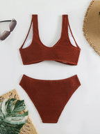 2026 Summer New Women's 2 Piece Swimsuit Solid Color High Waist Bikini Set V-neck Backless Beach Vacation Bathing Suit Swimwear - StepByStepNow