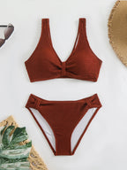 2026 Summer New Women's 2 Piece Swimsuit Solid Color High Waist Bikini Set V-neck Backless Beach Vacation Bathing Suit Swimwear - StepByStepNow