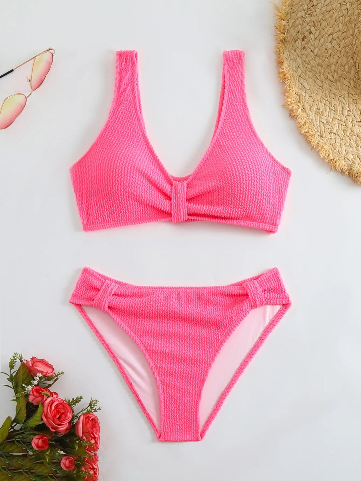 2026 Summer New Women's 2 Piece Swimsuit Solid Color High Waist Bikini Set V-neck Backless Beach Vacation Bathing Suit Swimwear - StepByStepNow