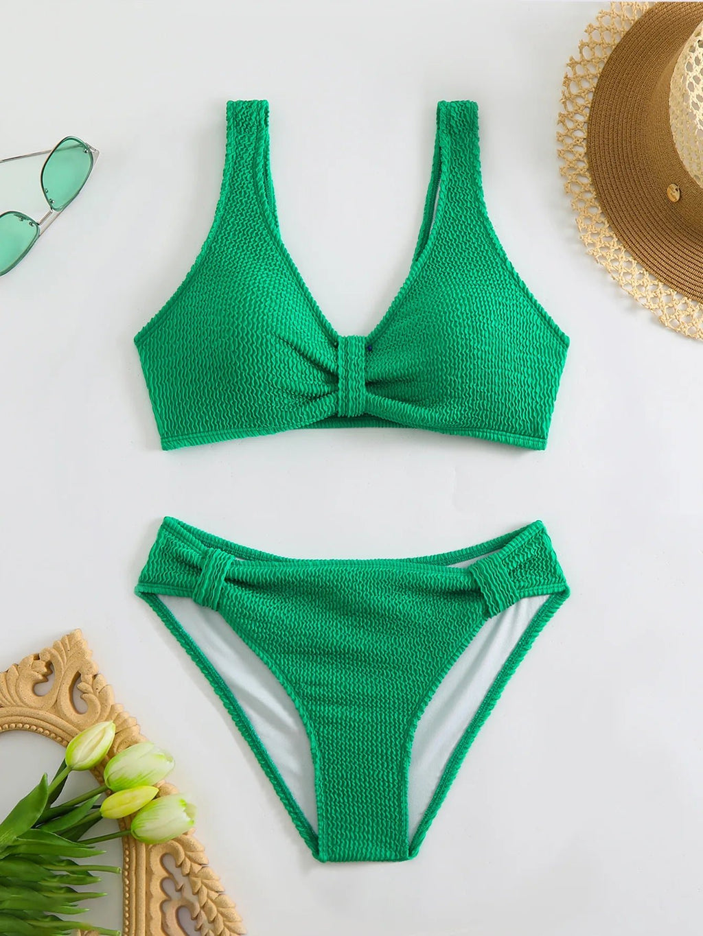 2026 Summer New Women's 2 Piece Swimsuit Solid Color High Waist Bikini Set V-neck Backless Beach Vacation Bathing Suit Swimwear - StepByStepNow