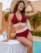 2026 Women's Shoulder High Waist Split Bikini Swimwear Swimsuit Set with Chest Cushion and Adjustable Shoulder Straps - StepByStepNow