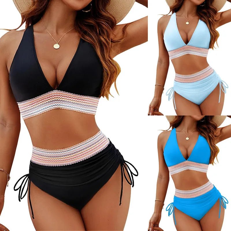 2026 Women's Shoulder High Waist Split Bikini Swimwear Swimsuit Set with Chest Cushion and Adjustable Shoulder Straps - StepByStepNow