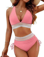 2026 Women's Shoulder High Waist Split Bikini Swimwear Swimsuit Set with Chest Cushion and Adjustable Shoulder Straps - StepByStepNow